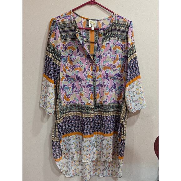 Women's pretty printed tunic top w/mother of pearl buttons by Fig and Flowers, L - Picture 1 of 8